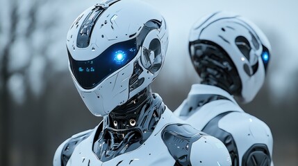 Futuristic White Robots, Advanced Technology, Artificial Intelligence, Digital Art, Sci-Fi Scene