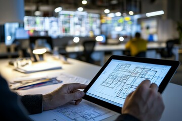 In a bright office, an architect is sketching intricate details on a tablet. Blueprints spread out on a sleek desk provide a foundation for the design work