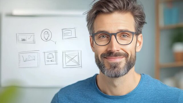 Confident Designer: A confident and experienced designer, wearing glasses and a blue shirt, with a friendly smile, in front of a whiteboard full of website wireframes, exudes positivity and expertise.