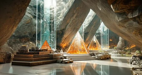 Futuristic crystal pyramids illuminate a serene cave with glowing waterfalls and reflective waters - Powered by Adobe