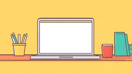 A laptop is on a desk with a yellow mug and a potted plant. The laptop is open and the screen is blank