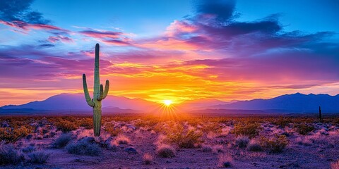 Desert Landscape at Sunset with Colorful Sky and Cactus