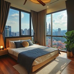 Cozy home bedroom interior with bed, nightstand with decoration and plant on hardwood floor. Sleep room with panoramic window on Kuala Lumpur skyscrapers. 3D rendering