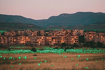 Obraz premium abandoned city overrun with glowing bioluminescent flora