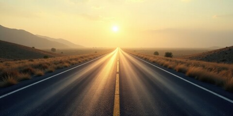 Naklejka premium Golden Hour Highway A Scenic Road Journey at Sunset, Leading Towards a Distant Horizon