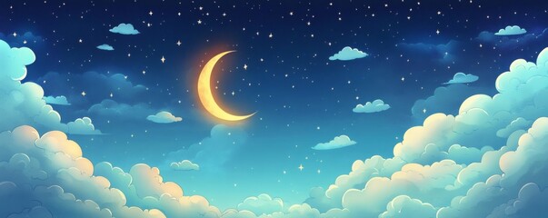 A whimsical illustration depicting the night sky with luminous crescent moon