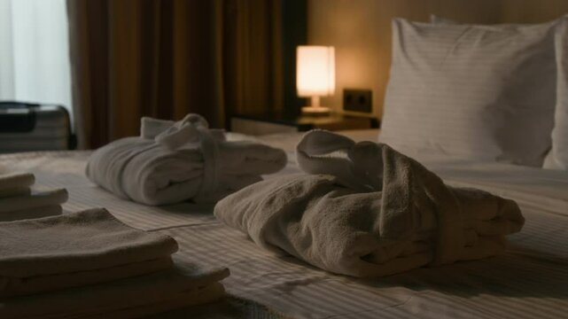 Close up shot of soft bathrobes and stacked towels placed on hotel bed with pillows and glowing bedside lamp in background in guest room