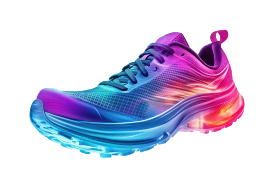 Close-up, stylized illustration of a running shoe, showcasing a vibrant gradient of neon colors and dynamic design elements.  The shoe appears futuristic and high-performance.