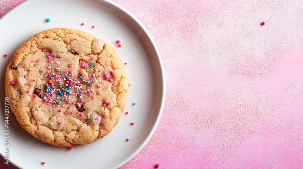 Poster a close-up view of a frosted sugar cookie adorned with vibrant sprinkles rests on a white ceramic pl