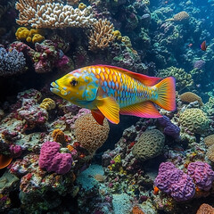 Fototapeta premium A colorful parrotfish grazing on coral, with its vibrant scales reflecting the light