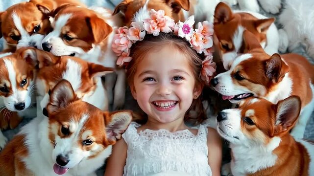 A little girl with a flower crown surrounded by a group of puppies