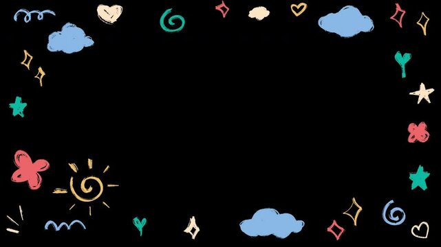 Hand drawn of abstract cute doodle scribble border background animation. Alpha channel