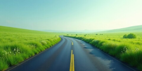 Fototapeta premium Asphalt ribbon winding through a verdant meadow under a tranquil sky, promising open road adventures