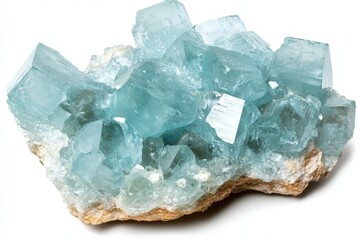 Light-blue crystal cluster on a light-beige stone base.