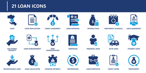 Loan icons pack in solid style including loan approval, repayment, credit score, mortgage, refinancing, debt, and financial agreement tools.