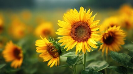 Fototapeta premium Close-Up View of Tall Sunflower Blooming Under Bright Sunshine