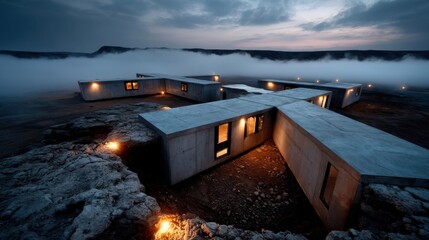 Modern concrete architectural structures in a surreal landscape with fog and dramatic sky at dusk