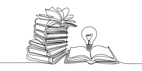 
Books and light bulb line drawing illustration