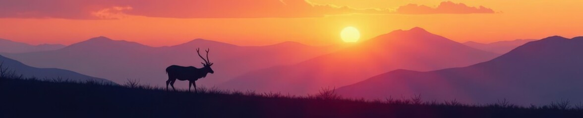 Obraz premium A lone antelope silhouetted against a majestic mountain range at dawn , outdoor, wild animal photography