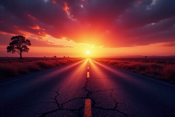 Sunset Highway A Solitary Road Through Grasslands Leading to a Vibrant Horizon