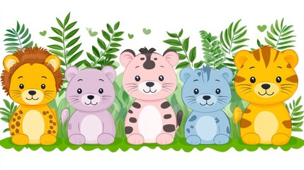 Naklejka premium Charming group of jungle animals rendered in soft pastel hues showcasing playful patterns perfect for children's decorations and adorable apparel designs