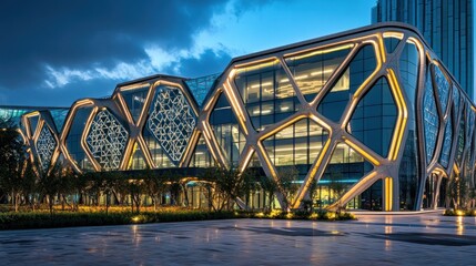 Obraz premium Illuminated geometric architecture glimmers at twilight