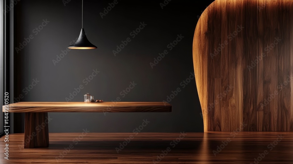 Aufkleber Sleek wooden dining table centered in a minimalist room with abstract arch-patterned wall paneling and soft overhead light creating warmth