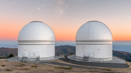 Obraz premium Twin Observatory Domes at Sunset Stargazing Research Facility in Mountain Landscape