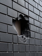 Oblong hole in a blackened brick wall, displaying a contrasting lighter interior - shadow unique surreal eerie retro