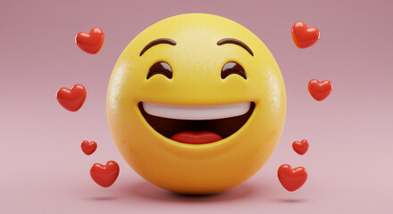 Fototapeta premium Happy Smiling Emoji Surrounded by Red Hearts on Pink Background