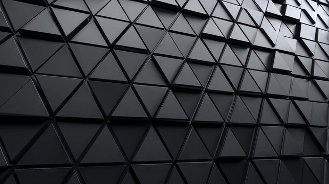 Polished semigloss wall of triangular black tiles – immersive 3D render of geometric blocks forming a modern luxury interior backdrop ideal for architectural visualization and product mock-ups