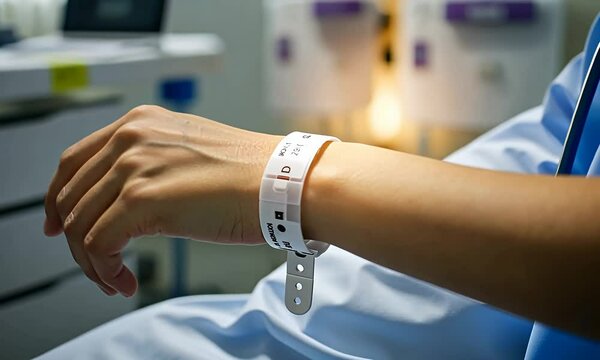 Patient's wrist with hospital bracelet in room; blue sheet visible