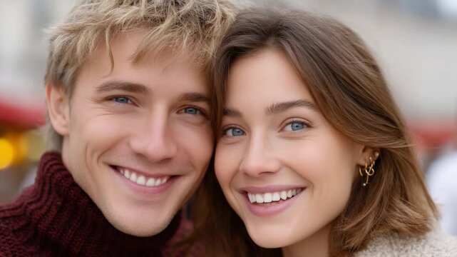 Radiant Couple's Portrait: A close-up shot of a young, radiant couple exuding warmth and genuine connection, their smiles reflecting shared joy and affection.