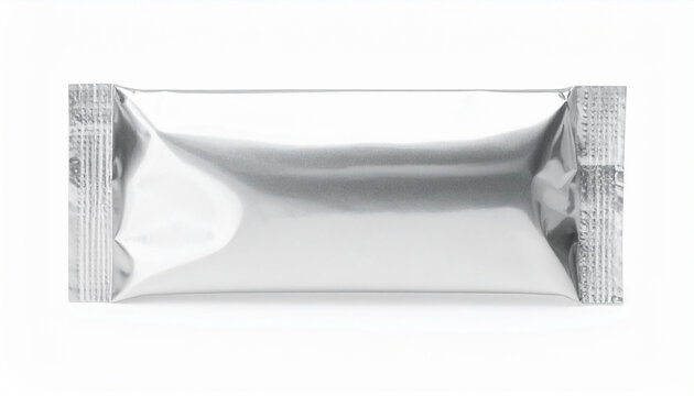 Silver metallic stick sachet isolated on white backdrop. Mock-up.