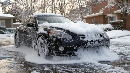 Snow-covered car parked on a residential street after a snowfall.