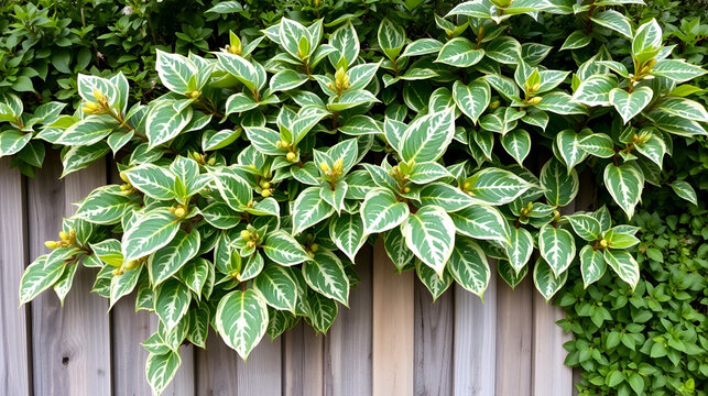 Variegated aucuba japonica on a wooden fence with yellow and white buds, greenery, evergreen shrubs