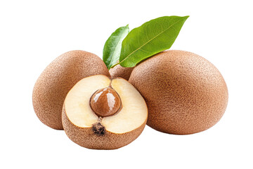 High-quality image shows three sapodilla fruits, one whole and two halved,  displaying their smooth, brown skin and the creamy flesh, along with seeds.