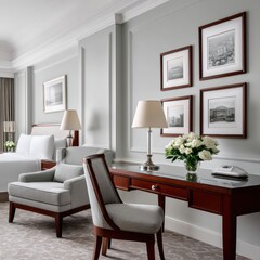 Soft morning light illuminates a stylish hotel bedroom with a dark wood desk and a comfortable armchair - dark flooring blankets rug