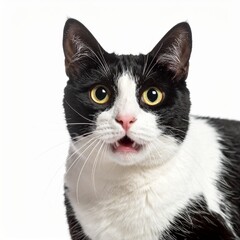 Shocked Tuxedo Cat on White Background