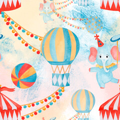 Seamless pattern watercolor hand drawn cartoon circus elephant juggler, tent and balloon on multicolor background. For childish fabric, wallpaper nursery, birthday cards, invitations, scrapbook © Tatiana