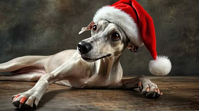 Playful dog wearing santa hat relaxing and posing indoors on wooden floor