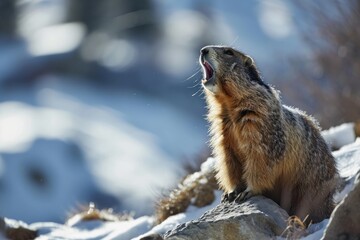 Obraz premium An ancient omen, the marmot heralds the end of winter and the arrival of spring. A funny groundhog crawled out of its burrow and screams in the winter afternoon.