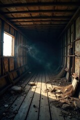 Sunlit Dust Motes Illuminate the Interior of an Abandoned Wooden Vessel, Revealing a Floor Scattered with Debris and Hints of Decay