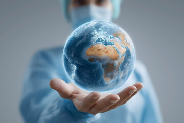 A healthcare worker in scrubs and a mask holds a glowing globe, symbolizing global health and medical responsibility.