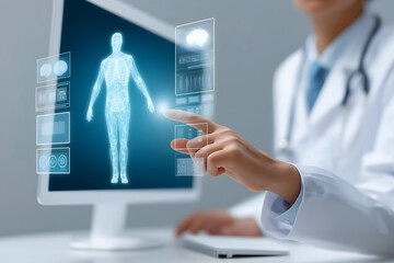 A doctor interacts with a futuristic digital medical interface displaying a human body and health data on a computer screen.