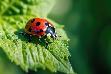 Naklejka premium Ladybug, red with black dots green plant leaf. A beautiful brightly colored insect crawling on a bush leaf on a sunny day.