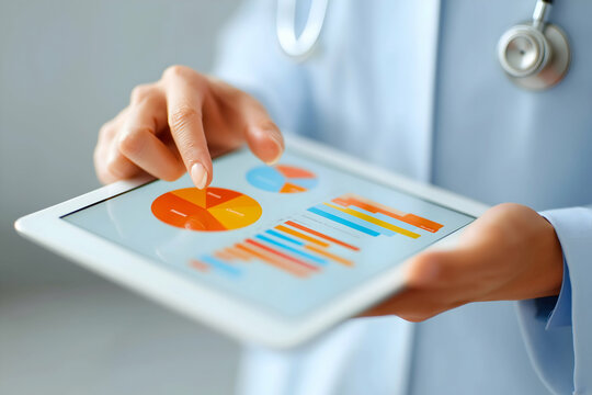 A doctor analyzes colorful medical charts and data on a digital tablet, highlighting modern healthcare technology.