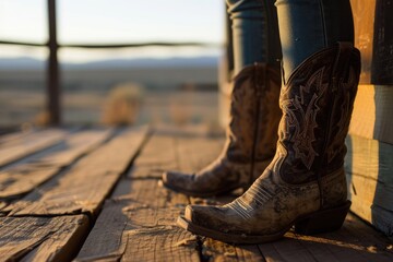 Close-up of a man in worn cowboy boots standing on a wooden floor overlooking a ranch. Patterned embroidered shoes against a rustic wild west landscape.