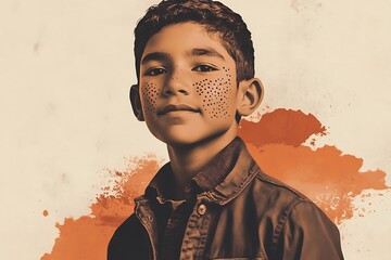 Aboriginal boys photo overlaid with dot art and red earth landscapes