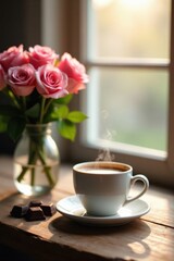 Warm morning beverage with pink roses and chocolate squares near sunlit windowsill